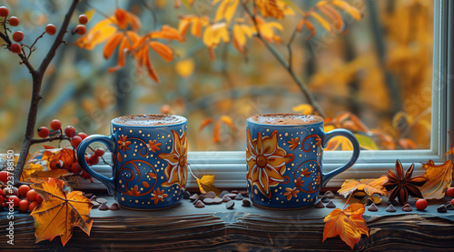 Video background, cozy fall autumn scenery, two coffee mugs on a window sill, pumpkins, Halloween scene