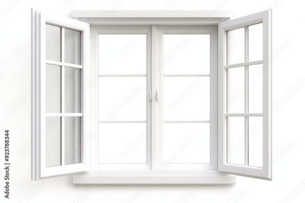 A clean, modern white window with open panes, inviting natural light and fresh air into any space. A clean, modern white window with open panes, inviting natural light and fresh air into any space.