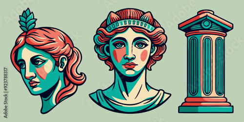 Greek sculpture y2k tattoo sketch set, vector roman goddess statue head doodle drawing ink scribble. Contemporary mythology antique sticker kit, woman face, column. Greek sculpture fashion print