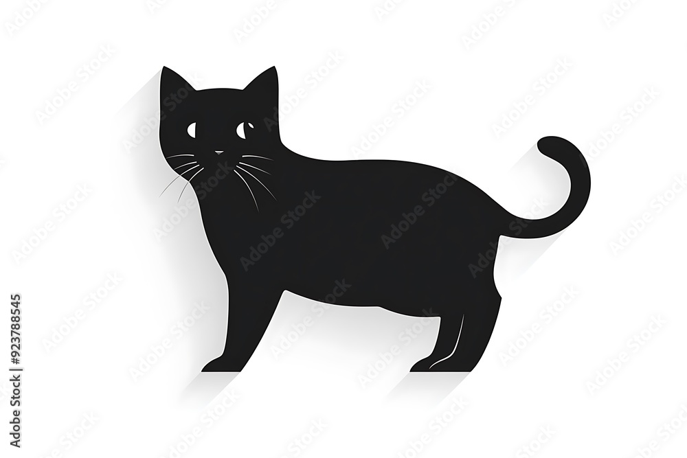 Fototapeta premium Minimalist Flat Style Cat Icon with Solid Black Shadow on White Background.