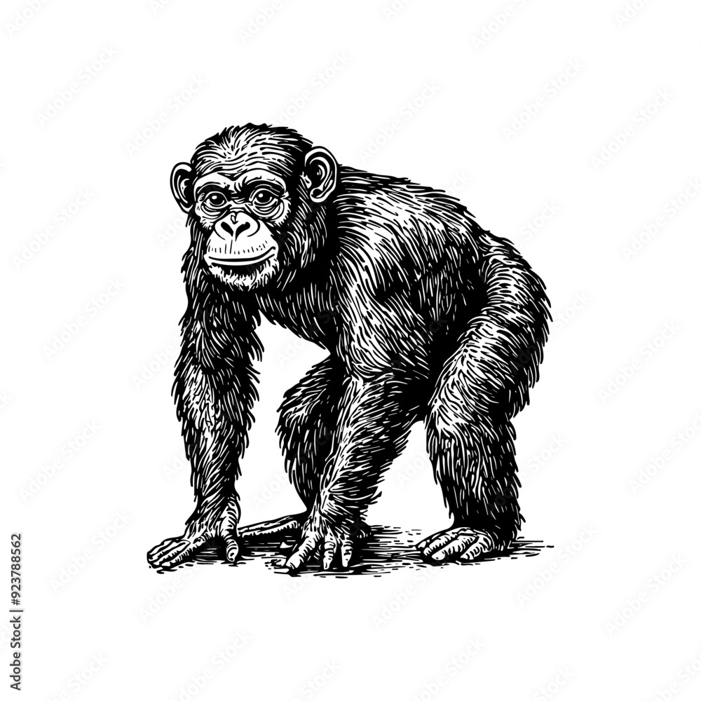 Fototapeta premium Vector illustration of a monkey in the style of a black-and-white vintage engraving with detailed line and texture work, an elegant and refined drawing for print and design