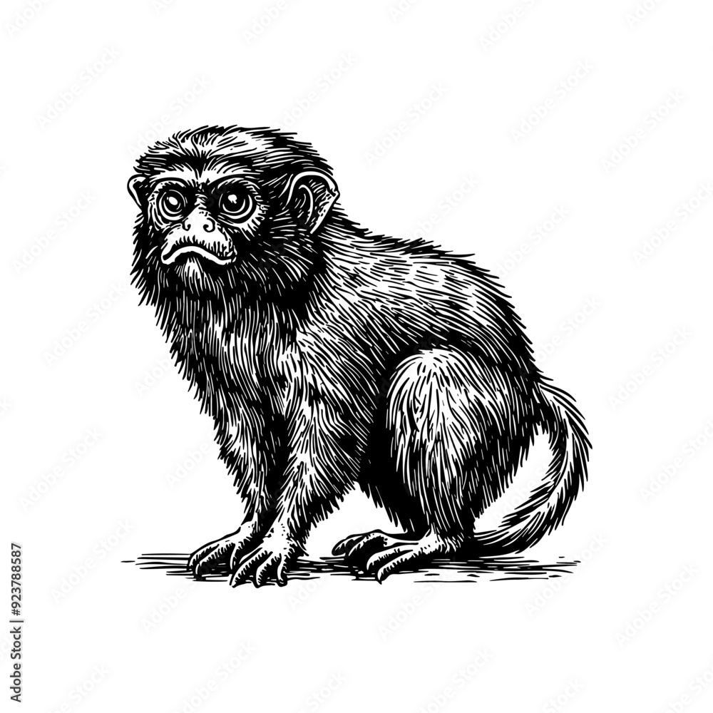 Obraz premium Vector illustration of a monkey in the style of a black-and-white vintage engraving with detailed line and texture work, an elegant and refined drawing for print and design.