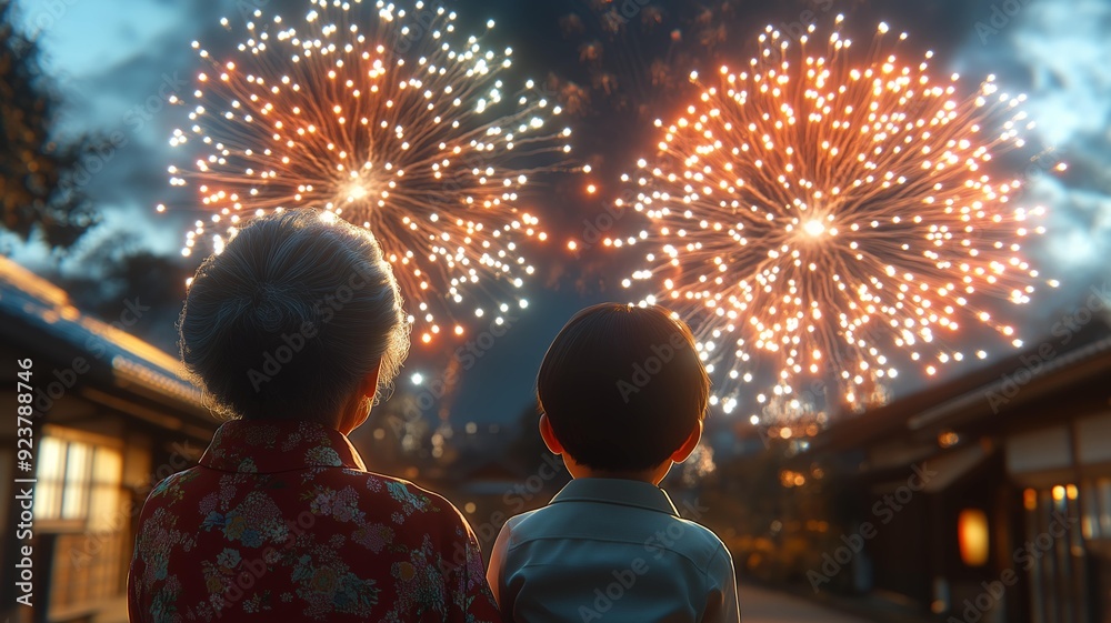 一緒に花火を見る日本人のおばあちゃんと孫 一緒に花火を見る日本人のおばあちゃんと孫