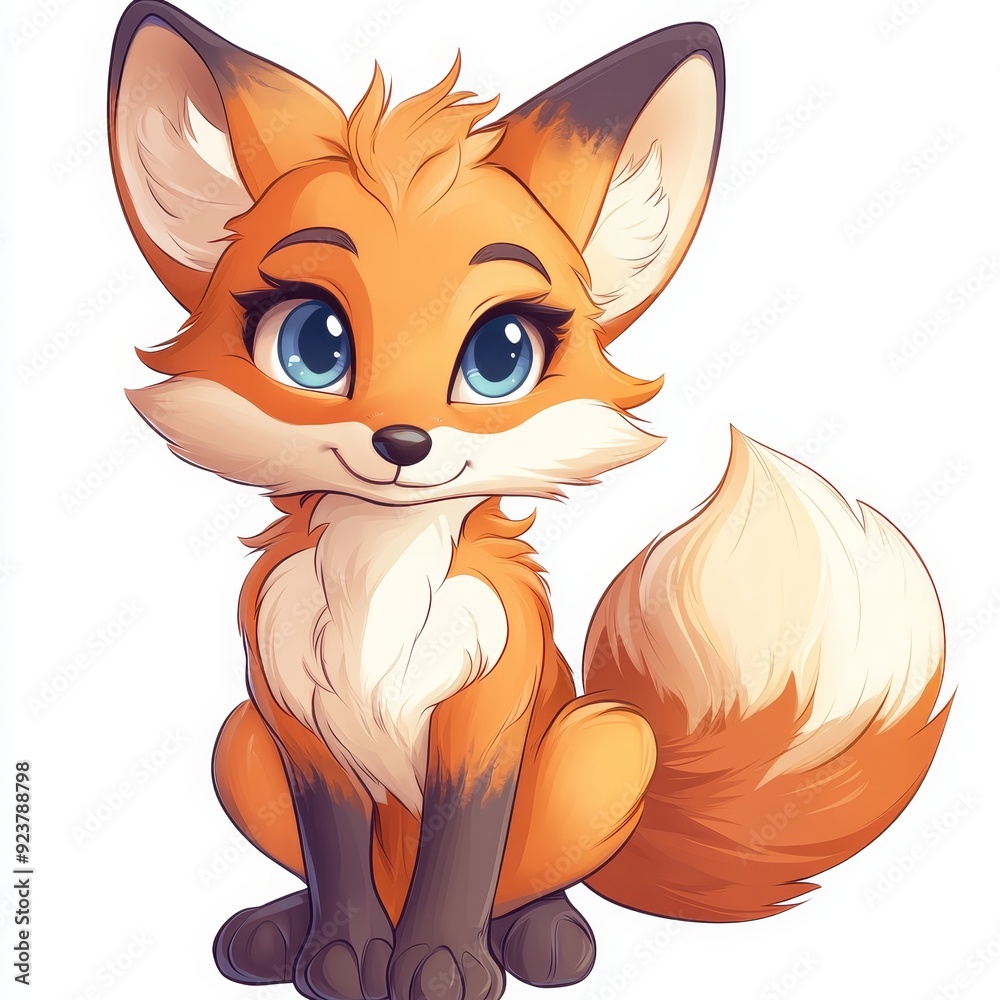 Fototapeta premium Cute clipart of a baby fox with a fluffy tail, cartoon style 