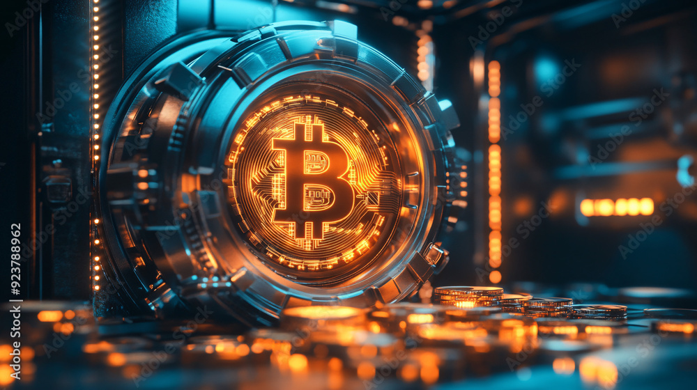 A 3D digital currency vault with glowing coins, symbolizing cryptocurrency security A 3D digital currency vault with glowing coins, symbolizing cryptocurrency security