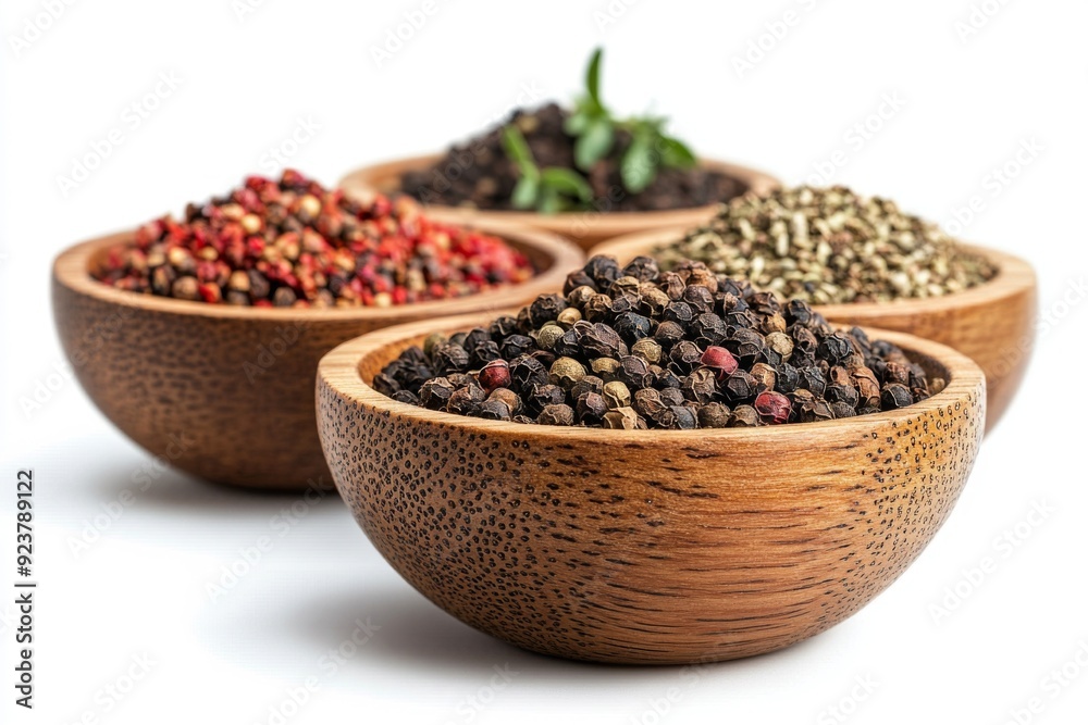 Aromatic Blend of Spices and Herbs in a Wooden Bowl on White, Capturing the Essence of Natural Flavors and Wellness. Aromatic Blend of Spices and Herbs in a Wooden Bowl on White, Capturing the Essence of Natural Flavors and Wellness.