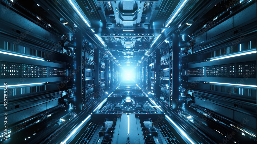Futuristic Space Station  Background with Metallic Blues and Greys, High-Tech Detailed Structures and Dynamic Lighting in a Sleek and Advanced Design, HD Quality