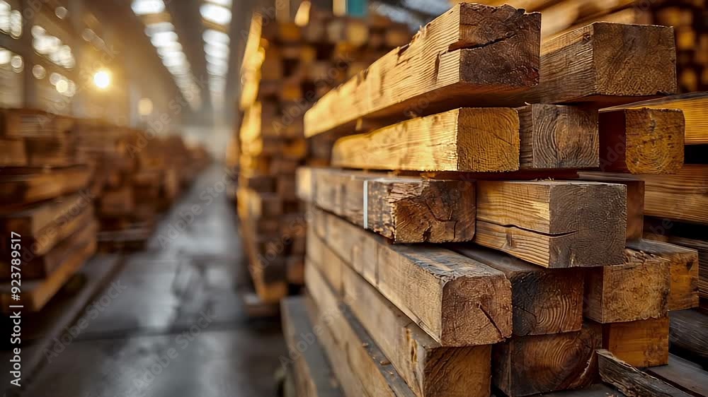 Stack of wooden timber in the sawmill or warehouse. Wood processing plant. Slow motion Stack of wooden timber in the sawmill or warehouse. Wood processing plant. Slow motion