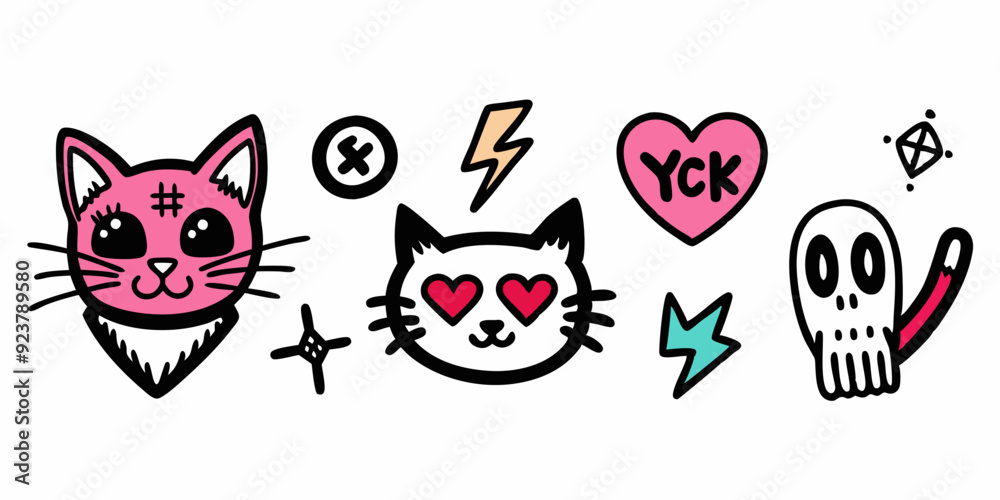 Grunge doodle cat icon set, vector hand drawn sketch kitten, gothic heart, rock punk scribble symbol. Y2k emo romantic tattoo, Valentine love symbol, crayon inscription, bow, rose. Ink doodle cat Grunge doodle cat icon set, vector hand drawn sketch kitten, gothic heart, rock punk scribble symbol. Y2k emo romantic tattoo, Valentine love symbol, crayon inscription, bow, rose. Ink doodle cat