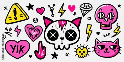 Grunge doodle cat icon set, vector hand drawn sketch kitten, gothic heart, rock punk scribble symbol. Y2k emo romantic tattoo, Valentine love symbol, crayon inscription, bow, rose. Ink doodle cat