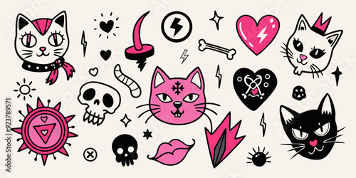 Grunge doodle cat icon set, vector hand drawn sketch kitten, gothic heart, rock punk scribble symbol. Y2k emo romantic tattoo, Valentine love symbol, crayon inscription, bow, rose. Ink doodle cat