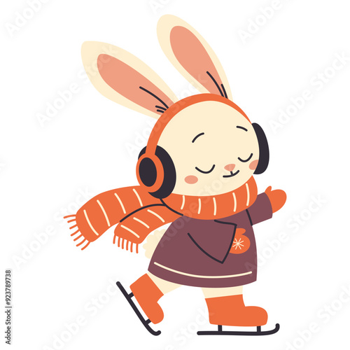 Vector illustration on white background in children's style. Cute hare in coat and scarf skating on ice skates. Cute winter illustration . Vector illustration