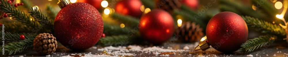 Obraz premium A close-up of a red Christmas ornament surrounded by pine branches, pinecones, and berries, with warm, glowing lights in the background.