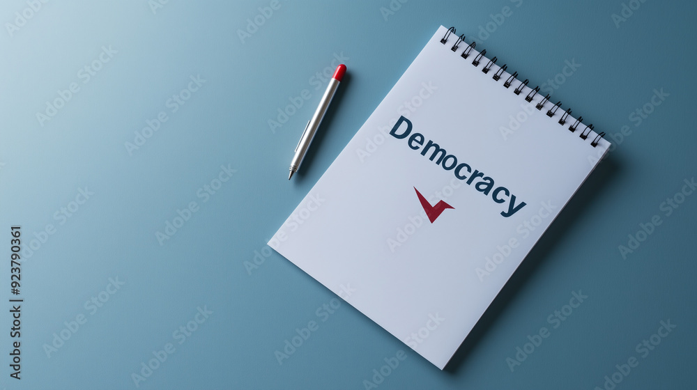 Notepad with the word Democracy and a checkmark with pen on a blue background with copy space for text Notepad with the word Democracy and a checkmark with pen on a blue background with copy space for text