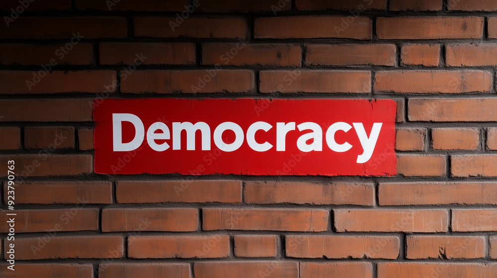 Red sign with the word Democracy on a brick wall Red sign with the word Democracy on a brick wall