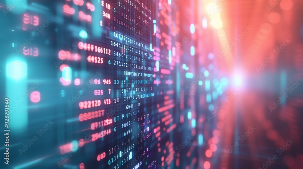 Glowing blue and red circuit board with binary code. Light cybernetic background. Glowing blue and red circuit board with binary code. Light cybernetic background.