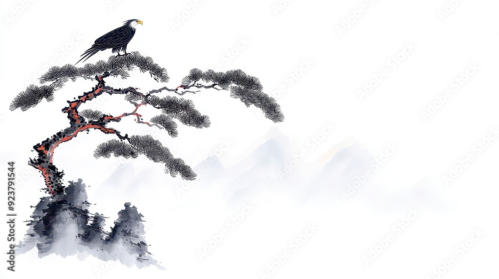Fototapeta premium Eagle in Solitude, A majestic eagle perched atop a tree, surveying a sprawling forest, embodies solitude and keen observation against a pristine white backdrop