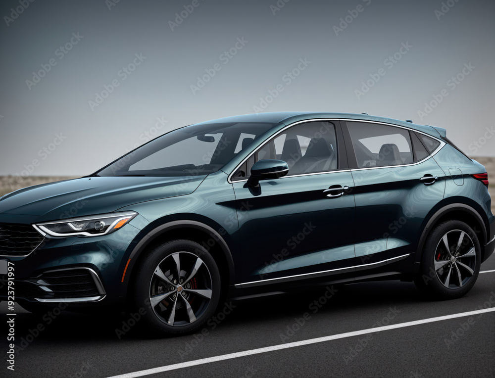 Sleek SUV Parked Against a Desert Landscape Under Overcast Sky at Dusk Sleek SUV Parked Against a Desert Landscape Under Overcast Sky at Dusk