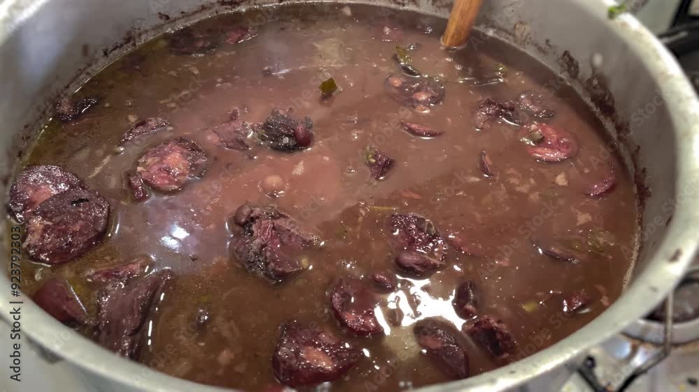 feijoada in a hot pan and a person stirring, typical Brazilian food feijoada in a hot pan and a person stirring, typical Brazilian food