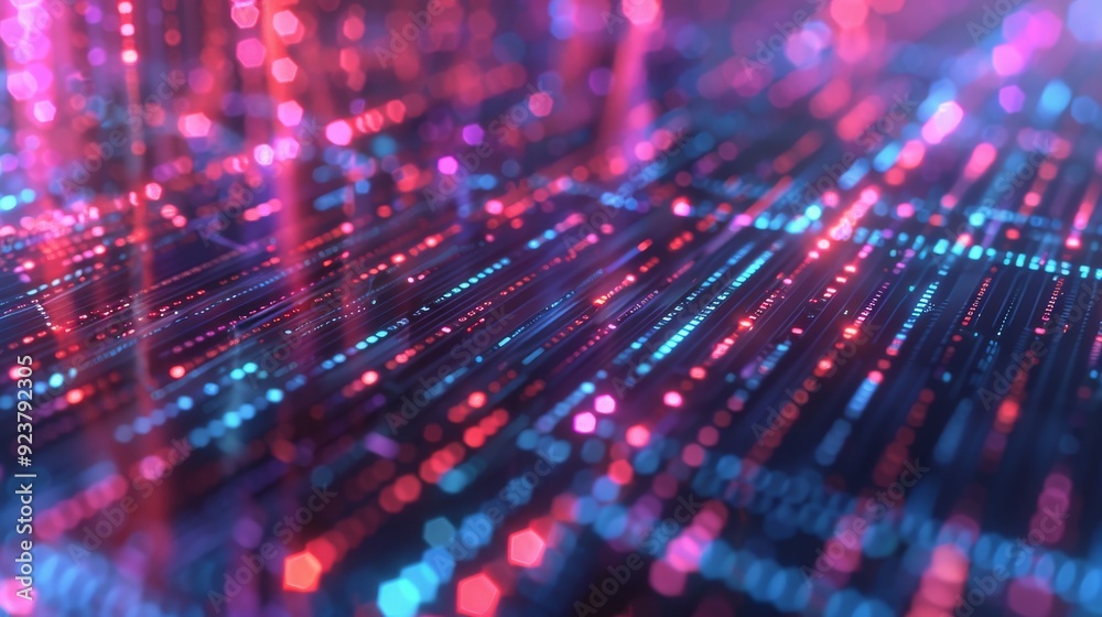 Glowing hexagons and circuit board with binary code form a futuristic technology background. Glowing hexagons and circuit board with binary code form a futuristic technology background.