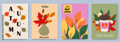 Set of trendy autumn season greeting card, poster, cover with abstract leaf designs, vibrant colors. Fall illustrations template for advertising, web, social media. 