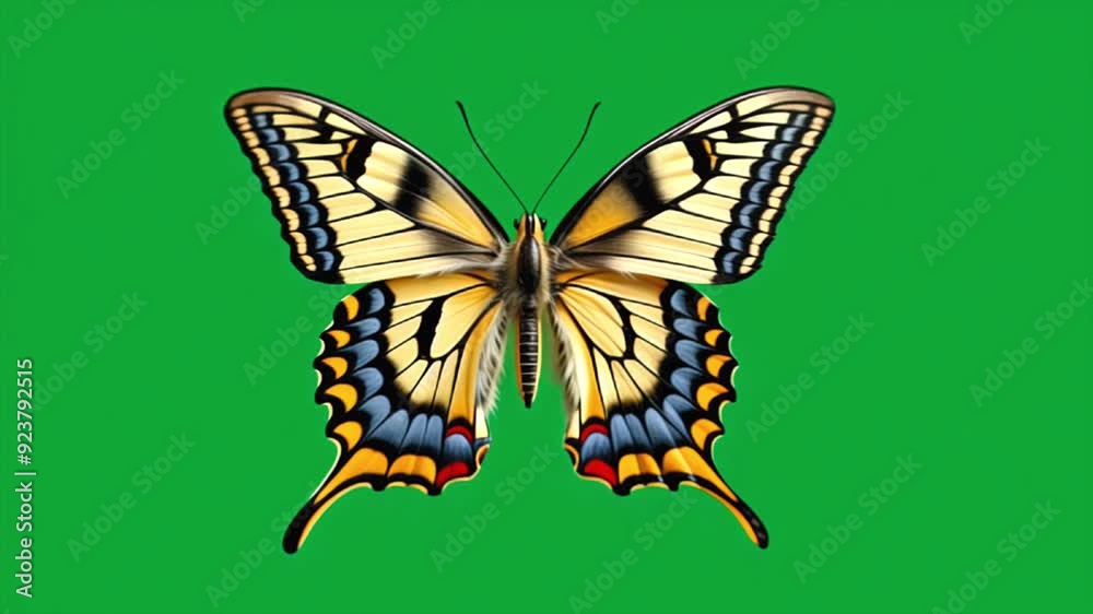Butterfly flapping dynamic its wings. Yellow and black butterfly against plain green screen background, showcasing its wings in full spread. Butterfly flapping dynamic its wings. Yellow and black butterfly against plain green screen background, showcasing its wings in full spread.