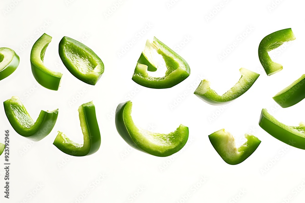 Captivating Green Bell Pepper Slices Floating in Air, Perfect for Product Shoot on White Background - Fresh and Vibrant Food Photography Concepts Captivating Green Bell Pepper Slices Floating in Air, Perfect for Product Shoot on White Background - Fresh and Vibrant Food Photography Concepts