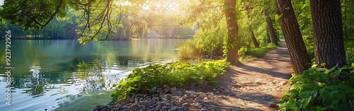 Beautiful landscape with a lake in the park surrounded by green leaves of trees in sunlight.