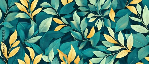 A vibrant pattern of teal and yellow leaves, perfect for nature-themed projects or decorative backgrounds.