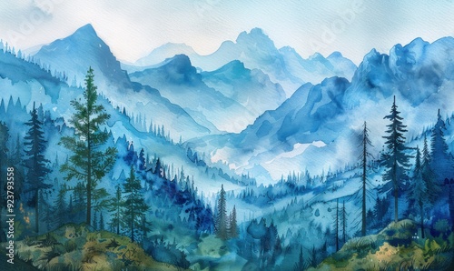 A watercolor painting of a majestic mountain range with a forest in misty hues Generate AI