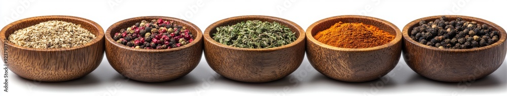 Aromatic Blend of Spices and Herbs in a Wooden Bowl on White, Capturing the Essence of Natural Flavors and Wellness. Aromatic Blend of Spices and Herbs in a Wooden Bowl on White, Capturing the Essence of Natural Flavors and Wellness.