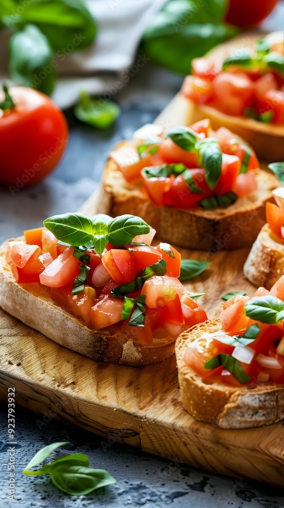 Close up of Bruschetta with Tomatoes and Basil on Wooden Board. Close up of Bruschetta with Tomatoes and Basil on Wooden Board.