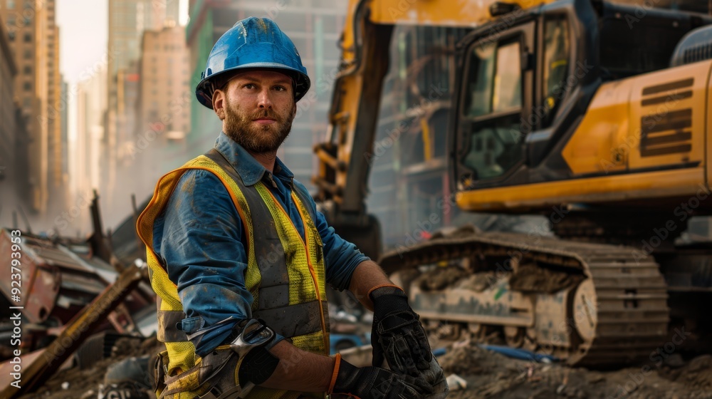 A construction worker in a blue helmet, yellow reflective vest, and black gloves, leaning against an excavator. The background features construction debris and a partially. A construction worker in a blue helmet, yellow reflective vest, and black gloves, leaning against an excavator. The background features construction debris and a partially.