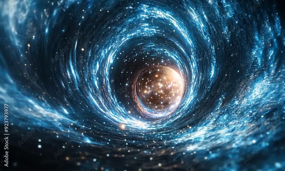 A swirling blue vortex leads to a bright sphere filled with stars. A swirling blue vortex leads to a bright sphere filled with stars.
