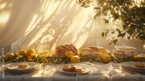 A festive table under a white fabric awning in the sunset rays. Sukkot celebration