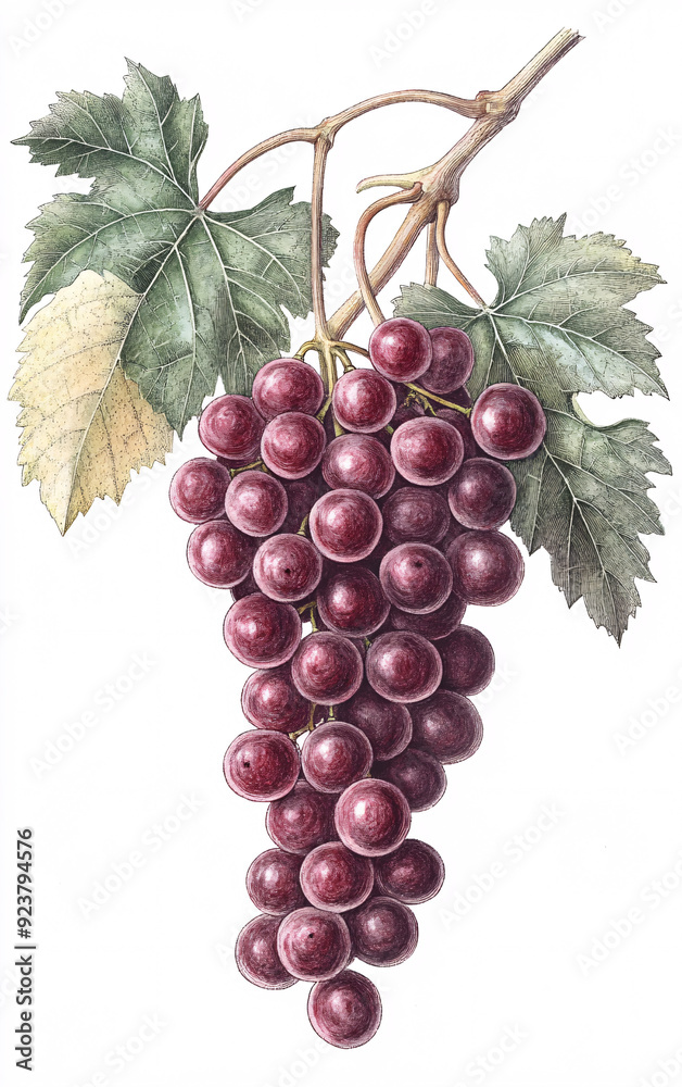 Fototapeta premium Detailed Botanical Illustration of a Grapevine with a Cluster of Ripe Red Grapes and Green Leaves, Emphasizing Natural Beauty and Texture in Traditional Botanical Art