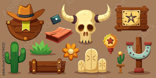 Wild west vector icon set, cartoon game UI cowboy object, sheriff golden badge, cow skull on white. Wanted parchment poster, wooden road sign board, canyon cactus, stone. Wild west adventure element