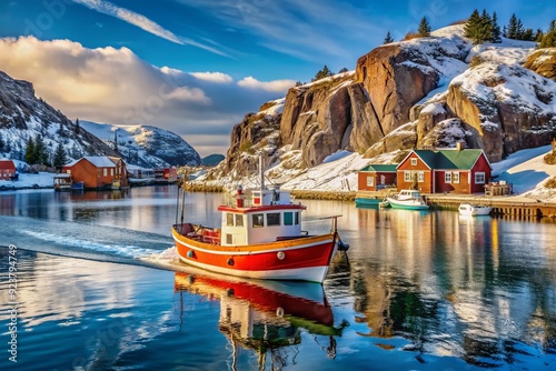 Colorful fishing boat navigating through icy waters, surrounded by snow-covered hills, enters a quaint rustic harbour in Newfoundland's picturesque Quidi Vidi Fishing Village. photo