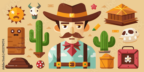 Wild west vector icon set, cartoon game UI cowboy object, sheriff golden badge, cow skull on white. Wanted parchment poster, wooden road sign board, canyon cactus, stone. Wild west adventure element