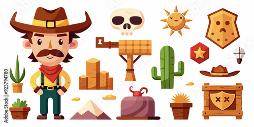 Wild west vector icon set, cartoon game UI cowboy object, sheriff golden badge, cow skull on white. Wanted parchment poster, wooden road sign board, canyon cactus, stone. Wild west adventure element