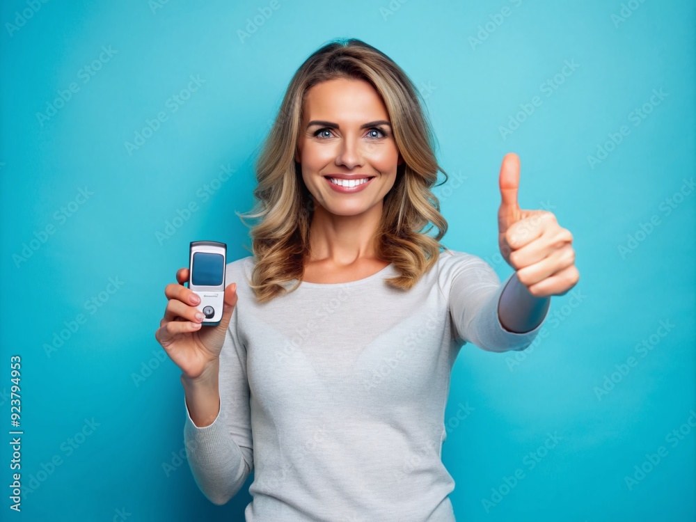 Confident female holds glucometer and sensor, giving a thumbs up on a bright blue background, symbolizing successful blood sugar level management and diabetes control. Confident female holds glucometer and sensor, giving a thumbs up on a bright blue background, symbolizing successful blood sugar level management and diabetes control.