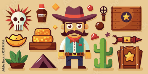 Wild west vector icon set, cartoon game UI cowboy object, sheriff golden badge, cow skull on white. Wanted parchment poster, wooden road sign board, canyon cactus, stone. Wild west adventure element