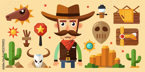 Wild west vector icon set, cartoon game UI cowboy object, sheriff golden badge, cow skull on white. Wanted parchment poster, wooden road sign board, canyon cactus, stone. Wild west adventure element