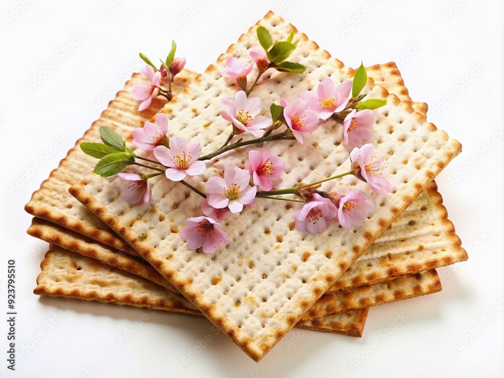 Delicate almond flowers adorn a crispy matzo bread on a pristine white background, evoking the joy and tradition of the Jewish Passover holiday Pesach celebration.