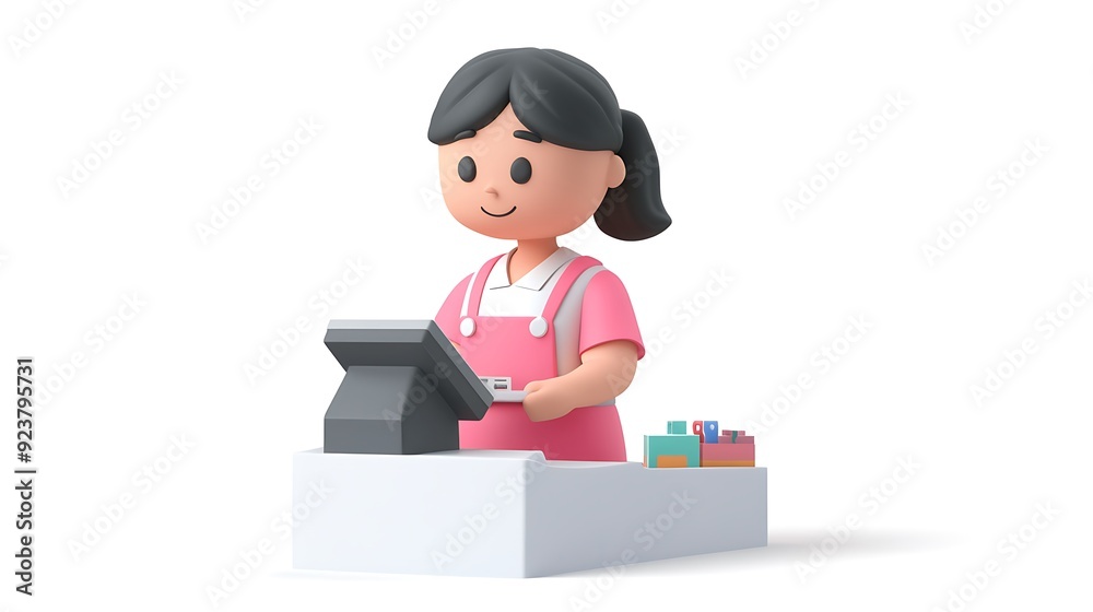 Modern 3D Icon of a Female Cashier at a Checkout Counter on White Background - High Quality Render Modern 3D Icon of a Female Cashier at a Checkout Counter on White Background - High Quality Render