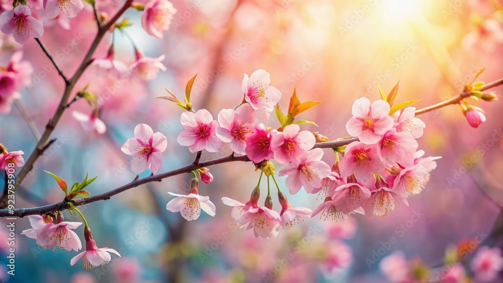 Delicate pink cherry blossom tree stands tall against a soft, blurred bokeh flower background, its branches stretching upwards, evoking tranquility and beauty in Asian landscapes. Delicate pink cherry blossom tree stands tall against a soft, blurred bokeh flower background, its branches stretching upwards, evoking tranquility and beauty in Asian landscapes.