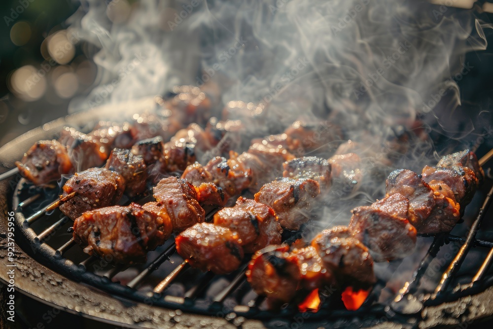 A charcoal grill emitting fragrant smoke, with marinated meat slowly cooking over the coals, surrounded by a hazy backdrop A charcoal grill emitting fragrant smoke, with marinated meat slowly cooking over the coals, surrounded by a hazy backdrop