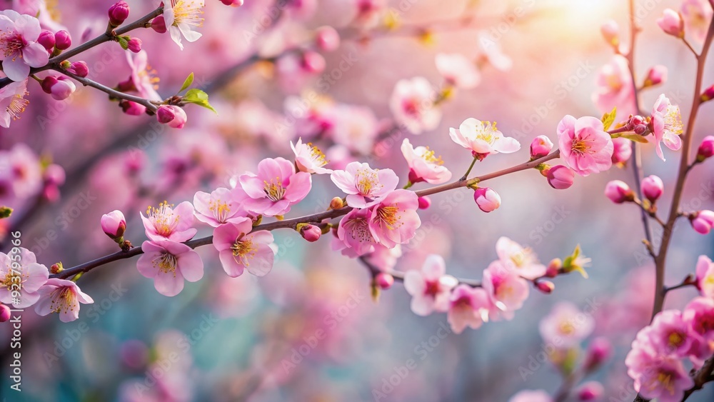 Delicate plum blossoms unfurl amidst intricate, crisscrossing tree branches, capturing the essence of spring's serene beauty in a soft, focus-driven, horizontal banner composition. Delicate plum blossoms unfurl amidst intricate, crisscrossing tree branches, capturing the essence of spring's serene beauty in a soft, focus-driven, horizontal banner composition.