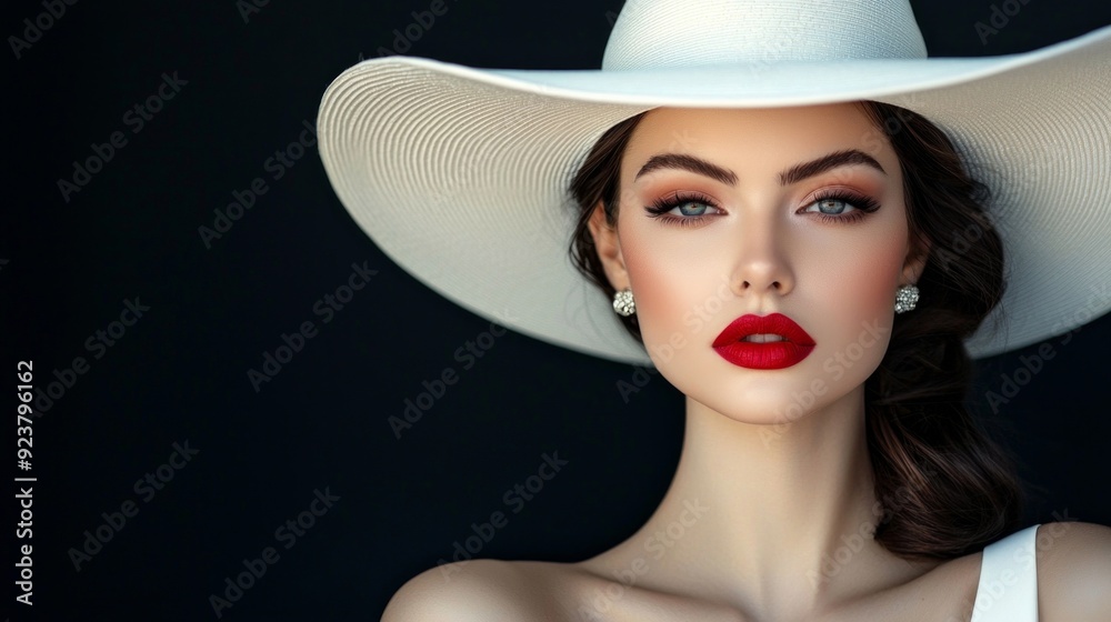 Elegant Lady in White Hat with Red Lips Make up. Fashion Woman in Luxury Evening Dress over Black. Beautiful Model in Big Wide Brimmed Hat and Wedding Gown Elegant Lady in White Hat with Red Lips Make up. Fashion Woman in Luxury Evening Dress over Black. Beautiful Model in Big Wide Brimmed Hat and Wedding Gown