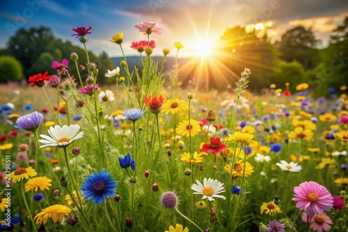 Delicate wildflowers sway gently in the warm summer breeze, their vibrant petals and lush greenery captivating against a serene, sun-kissed meadow backdrop. photo